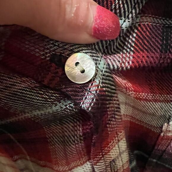 Living Doll size medium burgundy plaid button down shirt w/iridescent buttons - Picture 5 of 5